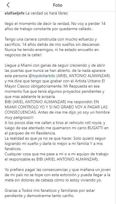  A los pocos minutos de ser publicada en su cuenta oficial, el cantante urbano El Alfa borró la publicación donde acusaba a «Bibi the Boss» mayor clásico