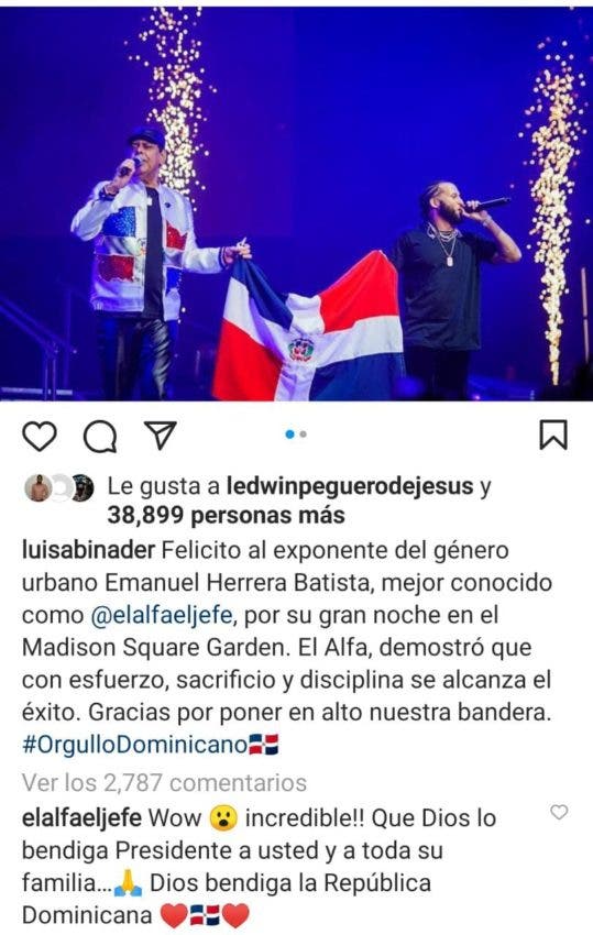 Mensaje de felicitaciones del presidente Luis Abinader a El Alfa.