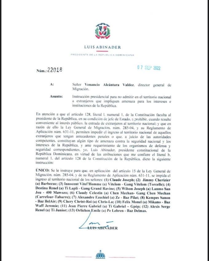 Esta es la comunicación que el presidente Luis Abinader envió al director de Migración prohibiendo la entregada al país del exministro de Haití, Claude Joseph.