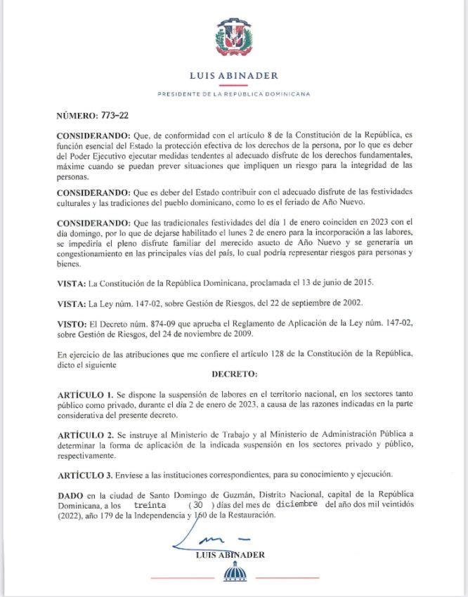 Copia del decreto 773-22, del presidente Luis Abinader que declara el lunes 2 de enero no laborable.