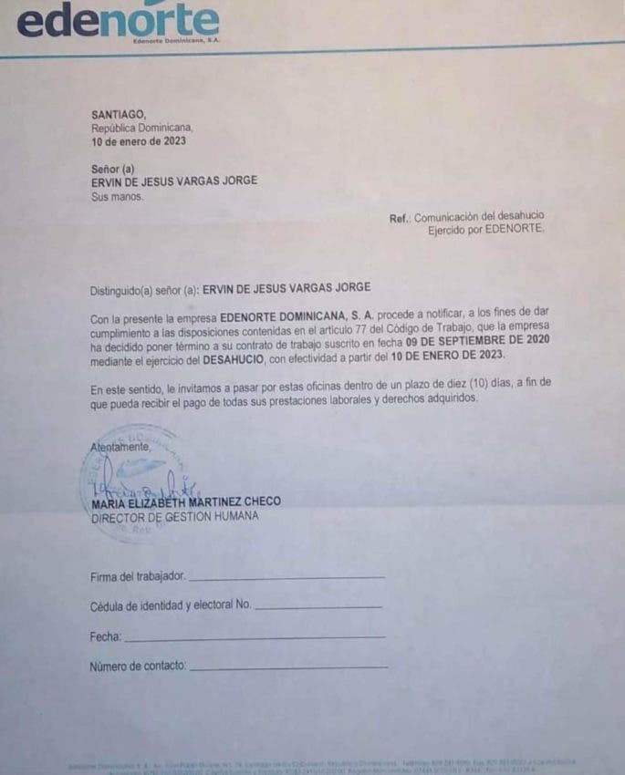 Copia de la carta de cancelación enviada a Vargas tras sus declaraciones sobre el monorriel