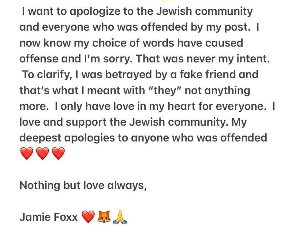 Jamie Foxx se disculpa por comentario antisemita en redes sociales