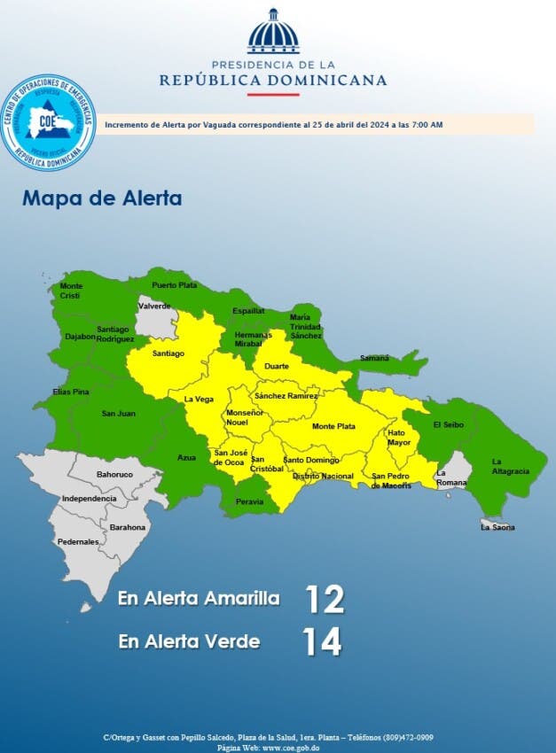 COE aumenta a 26 las provincias en alerta por vaguada
