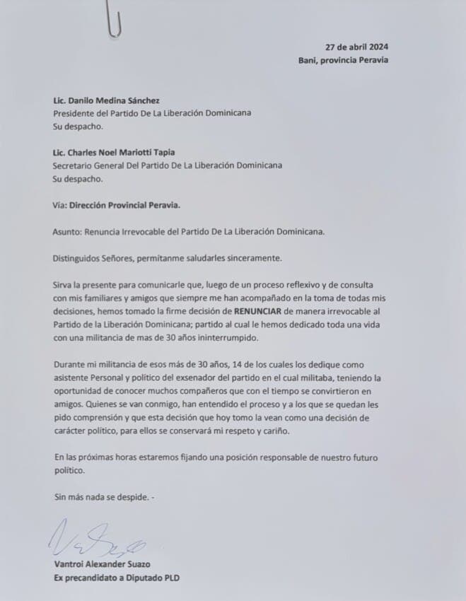 Renuncia ex precandidato a diputado del PLD en Peravia
