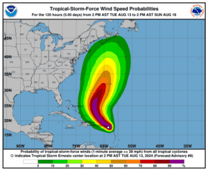 Tormenta tropical Ernesto avanza hacia Puerto Rico con vientos de 96 km/h