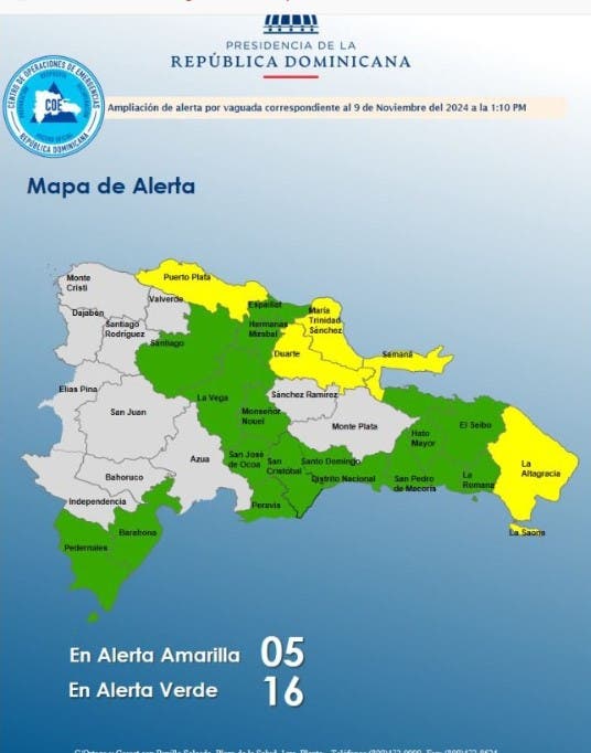 Debido al aumento de las lluvias, el COE mantiene 21 provincias en alertas, 5 en amarillas y 16 en verdes