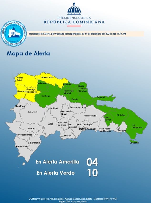 COE coloca 4 provincias en alerta amarilla y mantiene 10 provincias en verde