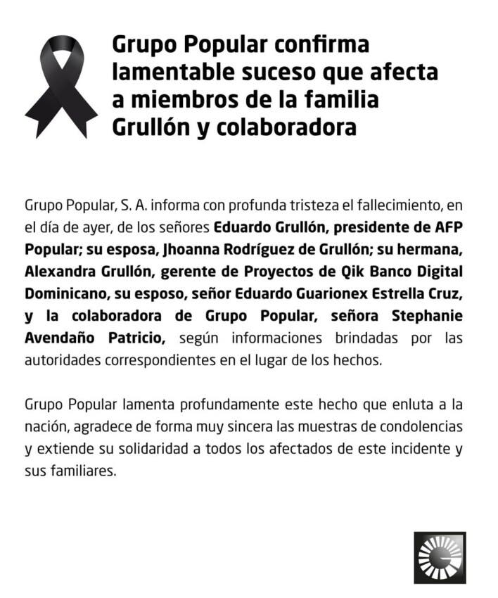 Comunicado del Grupo Popular sobre tragedia de Jet Set
