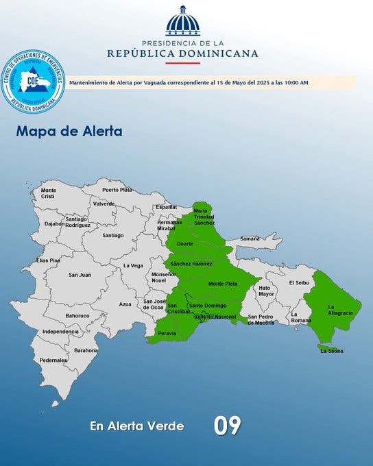 Ocho provincias y Distrito Nacional en alerta verde por lluvias
