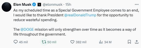 Musk anuncia su salida del Gobierno Trump, tras expresar que plan fiscal socava su trabajo