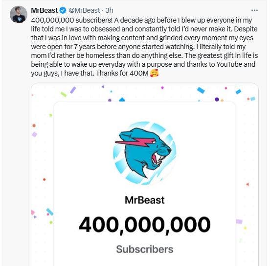 MrBeast se convierte en el primer youtuber en alcanzar los 400 millones de suscriptores