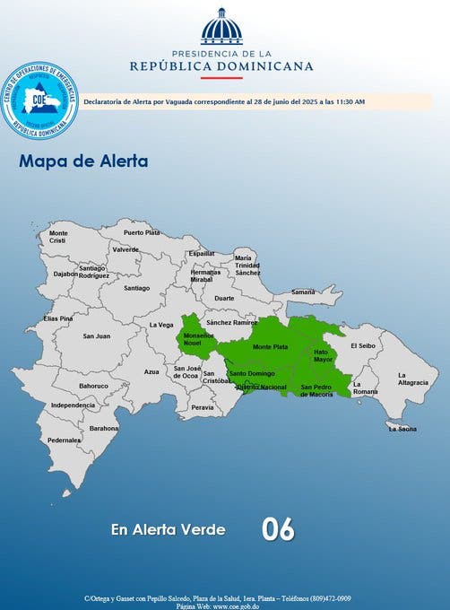 COE: Alerta verde en el Distrito Nacional y cinco provincias por lluvias