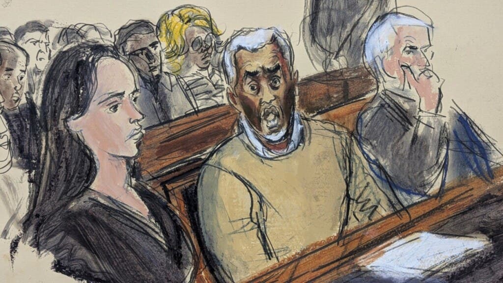 En este boceto de la sala del tribunal, Sean "Diddy" Combs (centro) reacciona tras serle negada la libertad bajo fianza por cargos vinculados a prostitución, el miércoles 2 de julio de 2025, en el tribunal federal de Manhattan, Nueva York. Lo acompañan sus abogados defensores Teny Geragos (izquierda) y Brian Steel (derecha). (Elizabeth Williams vía AP)
