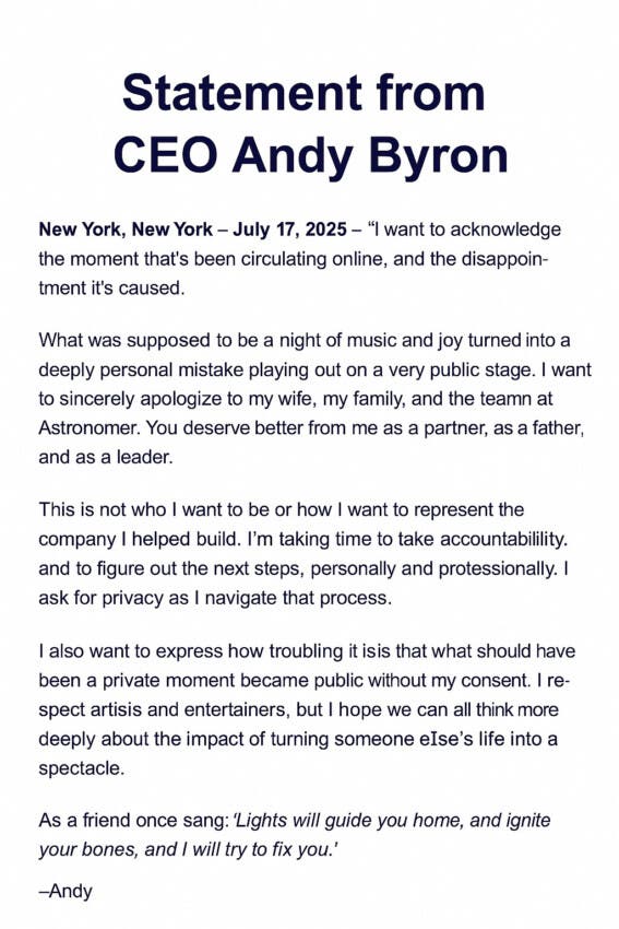 Andy Byron pide perdón a su esposa y empresa tras escándalo en concierto de Coldplay