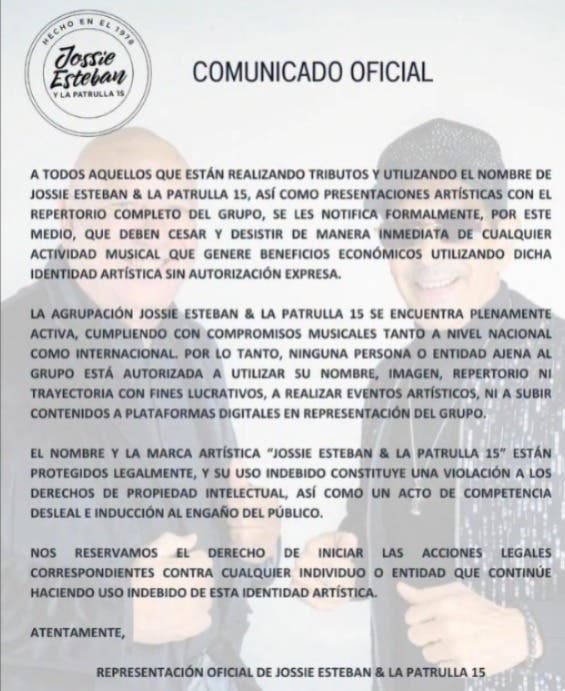 Advierten que el nombre y la marca “Jossie Esteban & la Patrulla 15” están protegidos legalmente. 