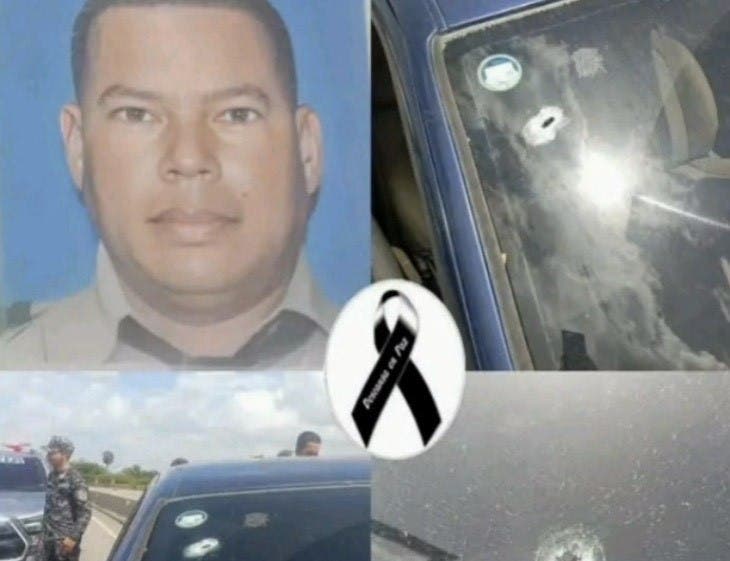 Una composición con la fotografía del Sargento Eddy Antonio Santana Almonte y los impactos de balas en el cristal del vehículo.