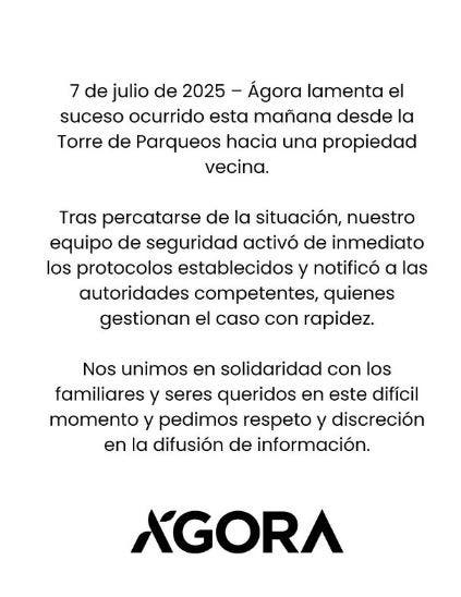 Joven muere tras lanzarse del parqueo de Ágora Mall