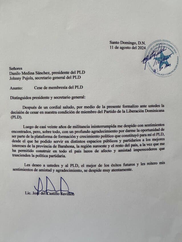 ¡Otro más que se va! José del Castillo Saviñón renuncia al PLD