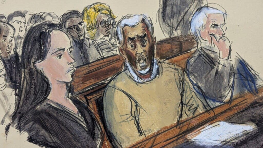 En este boceto de la sala del tribunal, flanqueado por los abogados defensores Teny Geragos (izquierda) y Brian Steel (derecha), Sean "Diddy" Combs (centro) reacciona tras serle denegada la libertad bajo fianza por delitos relacionados con la prostitución, el 2 de julio de 2025, en el tribunal federal de Manhattan, Nueva York. (Elizabeth Williams vía AP, Archivo)