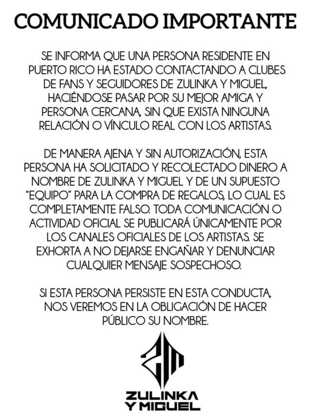 Los artistas Zulinka y Miguel emitieron una alerta a sus seguidores tras detectar una supuesta estafa