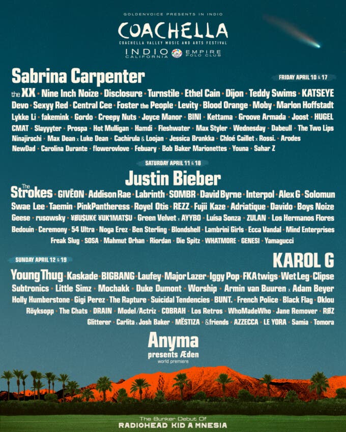 Karol G hace historia al encabezar Coachella 2026 junto a Justin Bieber y Sabrina Carpenter