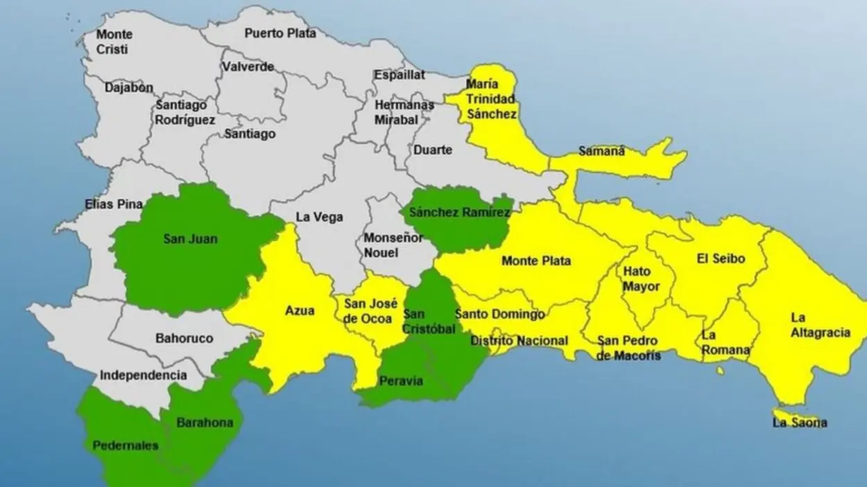 COE coloca 11 provincias y el Distrito Nacional en alerta amarilla por aguaceros y tormentas eléctricas