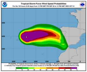 La tormenta postropical Gabrielle se desplaza hacia el este en su camino a la península