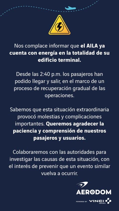 ¡Llegó la luz! El Aeropuerto de Las Américas recupera completamente la electricidad