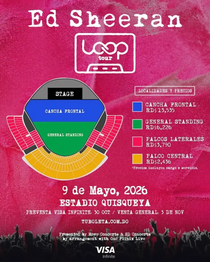 Conoce los precios de las entradas para el concierto de Ed Sheeran en República Dominicana