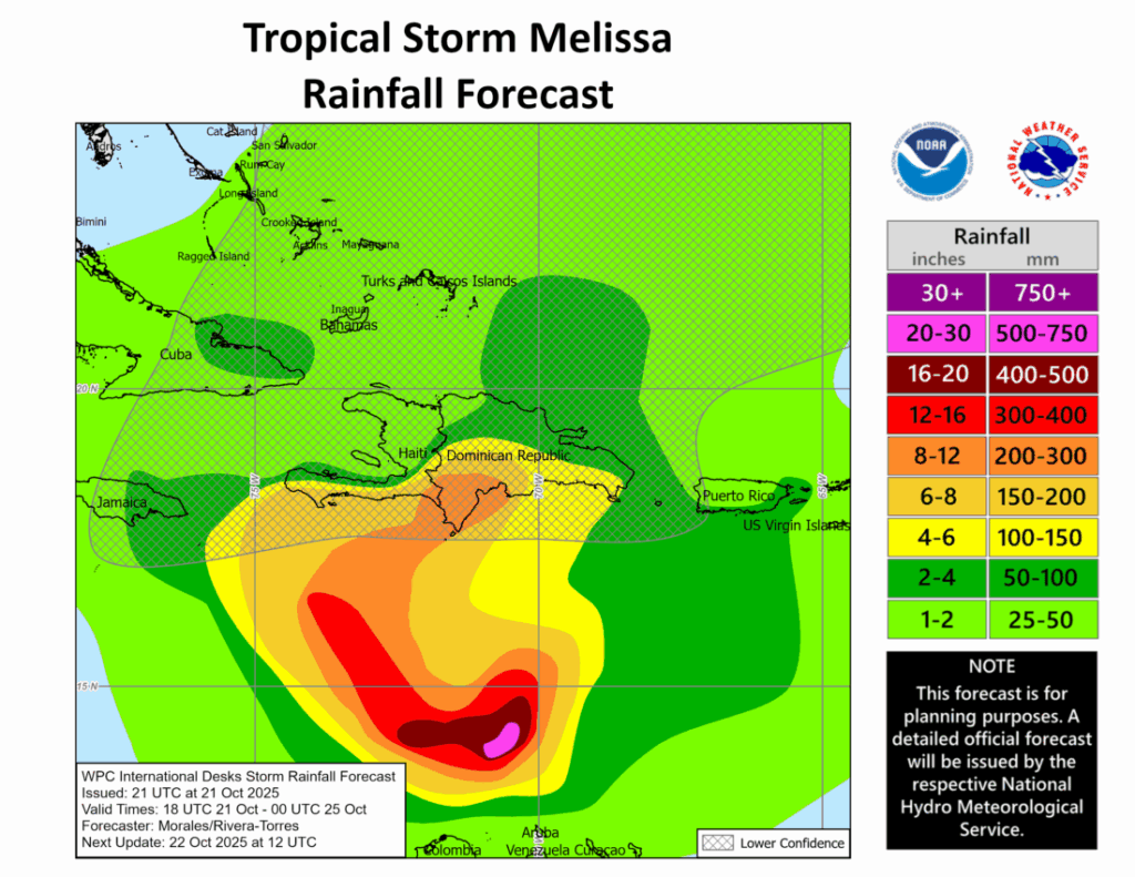 Tormenta Melissa traerá hasta 10 pulgadas de lluvia a República Dominicana