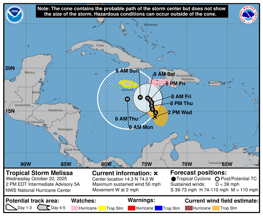Tormenta tropical Melissa avanza lentamente pero con fuertes lluvias a su paso