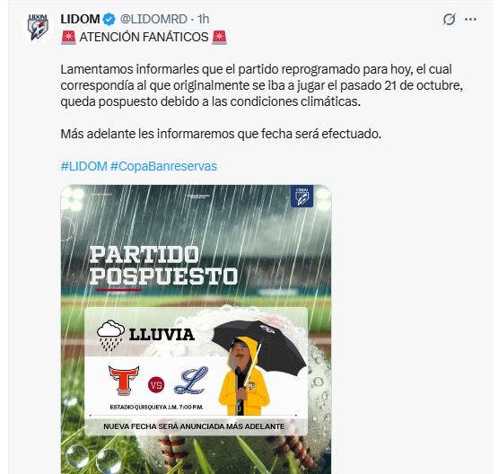 Lluvias obligan a posponer partido entre Tigres del Licey y Toros del Este