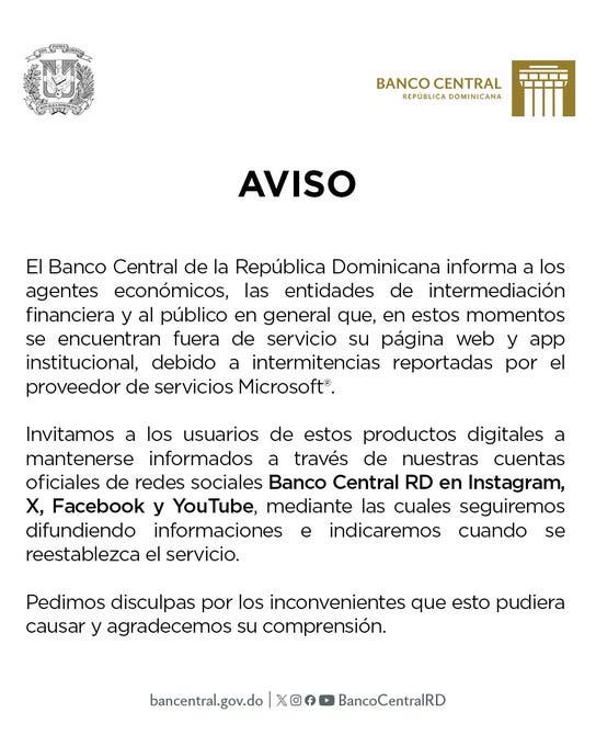 Banco Central informa suspensión temporal de su web y app por fallas técnicas