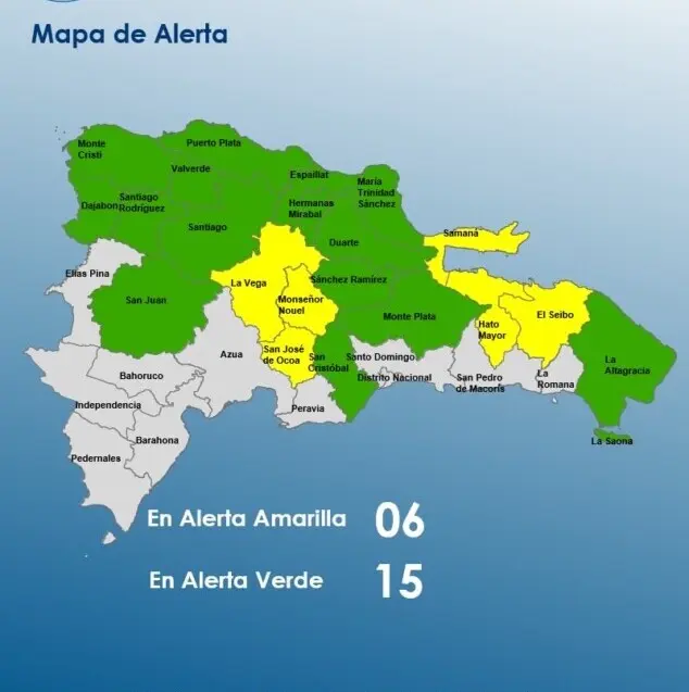 Frente frío trae aguaceros a RD; 21 provincias en alertas verde y amarilla ¿Cuáles son?