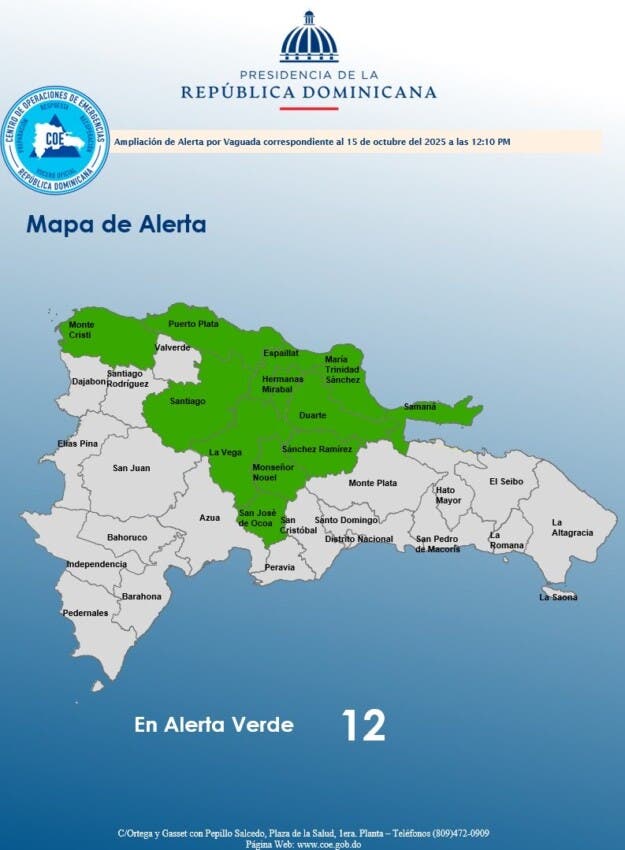 COE coloca 12 provincias en alerta por presencia de sistema frontal y vaguada