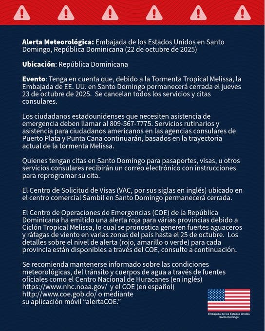 La Embajada señaló que los ciudadanos estadounidenses que requieran asistencia de emergencia deben comunicarse al número 809-567-7775.