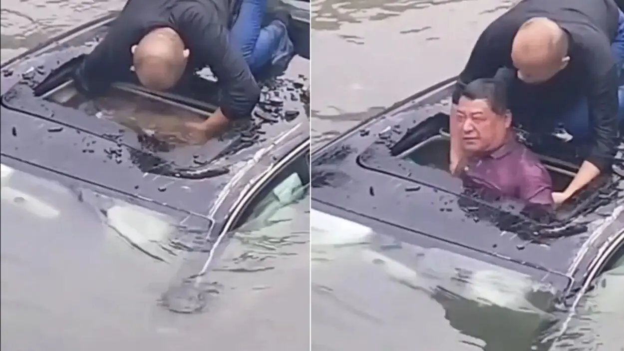 Hombre arriesga su vida para salvar a conductor atrapado en un río en China