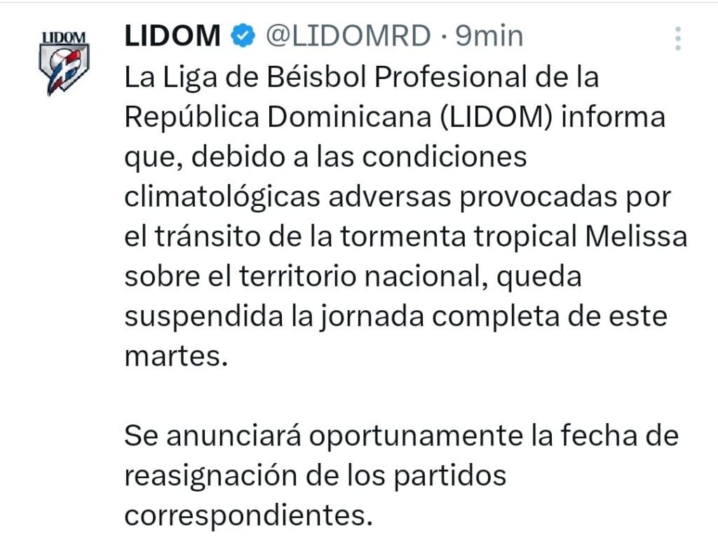 la jornada de este martes de la Liga de Béisbol Profesional de la República Dominicana (LIDOM) fueron suspendido debido a los fuertes aguaceros