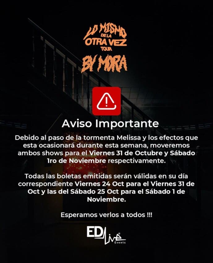 Posponen conciertos de Mora en República Dominicana por tormenta Melissa