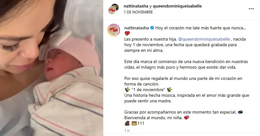 Natti Natasha da la bienvenida a su segunda hija, Dominique Isabelle