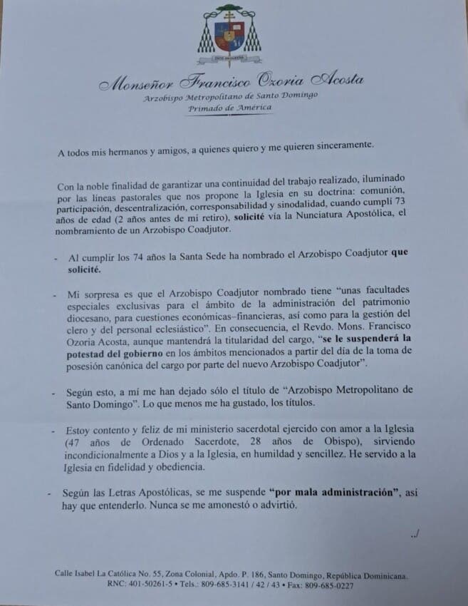 Arzobispo Ozoria revela que el Vaticano lo suspendió de sus funciones administrativas