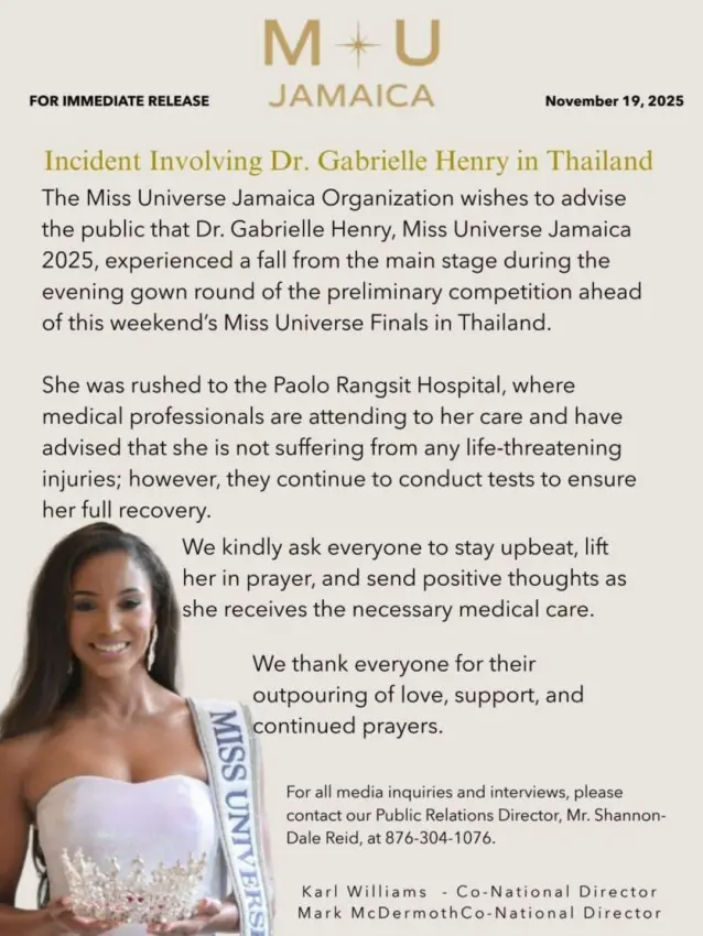 Miss Jamaica sufre caída durante competencia preliminar de Miss Universo 2025
