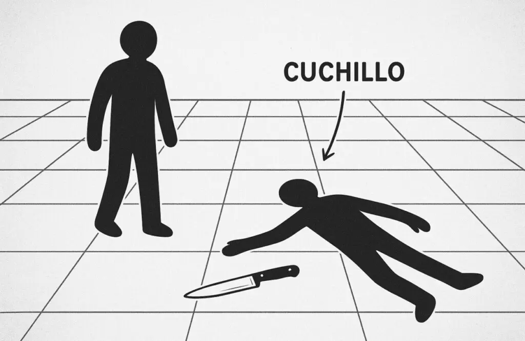 Una escena neutral con siluetas y un objeto etiquetado como “cuchillo”, generada por IA para ilustral el caso del joven asesinado por un prestamista en SFM.