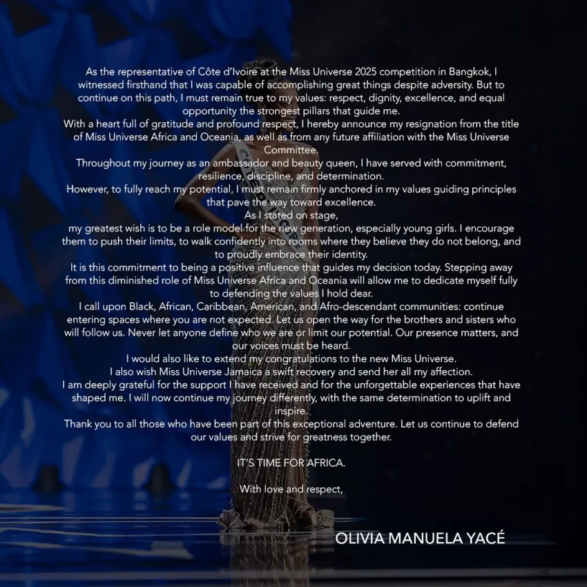 ¿Por qué Miss Costa de Marfil, Olivia Yacé, renunció a sus títulos del certamen universal?