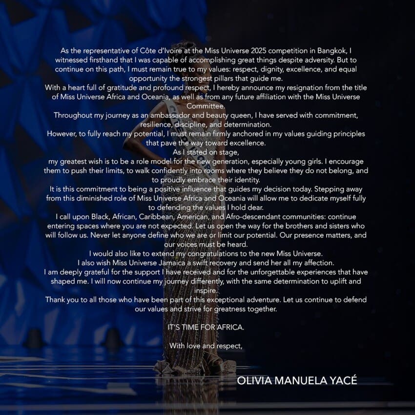 ¿Por qué Miss Costa de Marfil, Olivia Yacé, renunció a sus títulos del certamen universal?