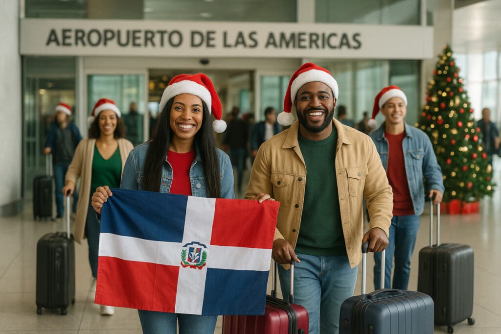 Imagen generada por IA de viajeros llegando a República Dominicana para las fiestas navideña. Los dominicanos podrán traer artículos hasta $5,500 dólares libres de impuestos