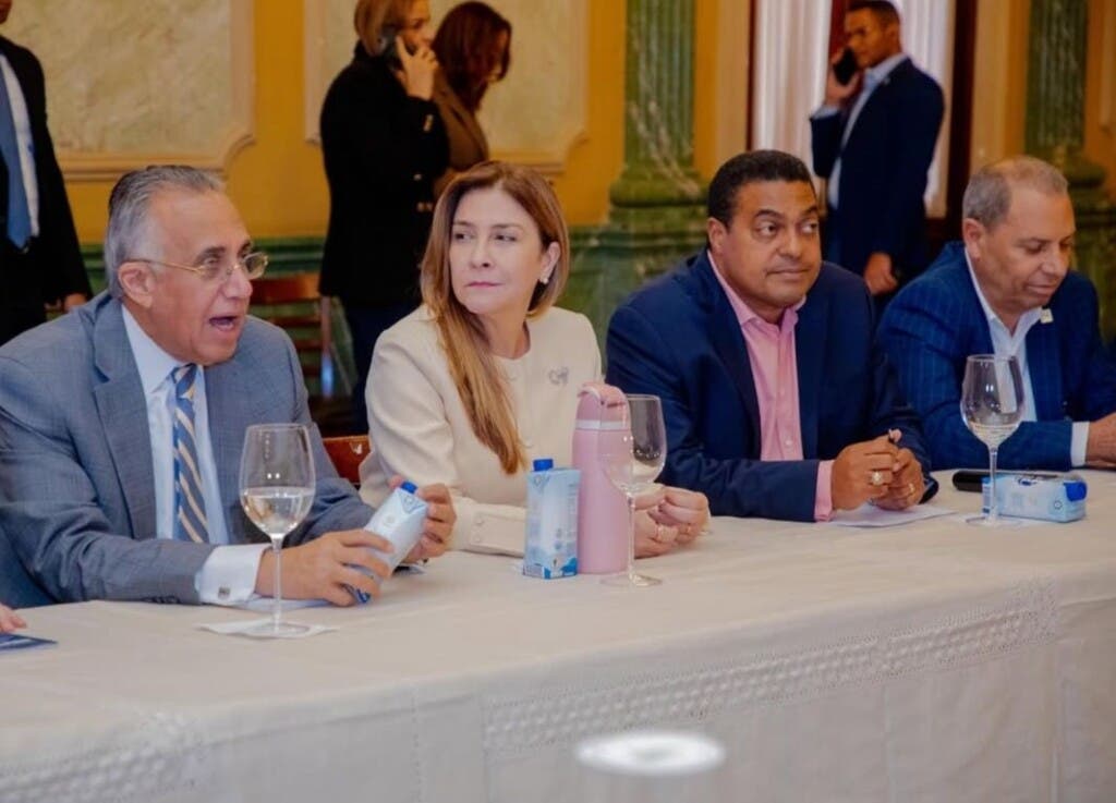 Luis Mejía Oviedo, durante una intervención, junto a Carolina Mejía, José Monegro y Garibaldy Bautista.