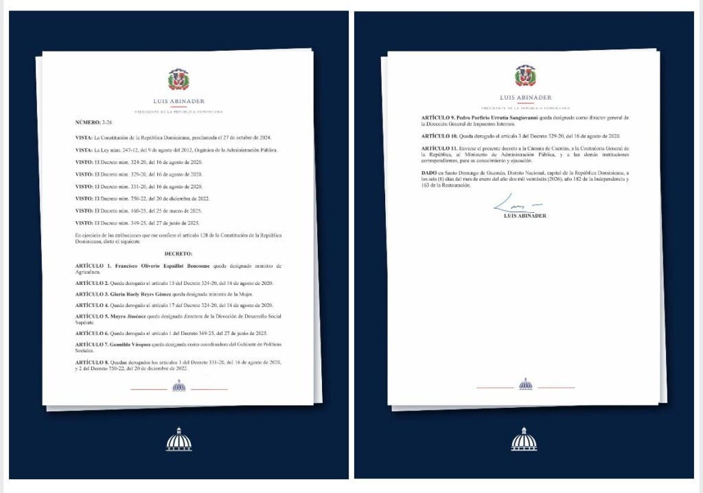 Luis Abinader nombra nuevos ministros en Agricultura y Mujer, y designa director de Impuestos Internos