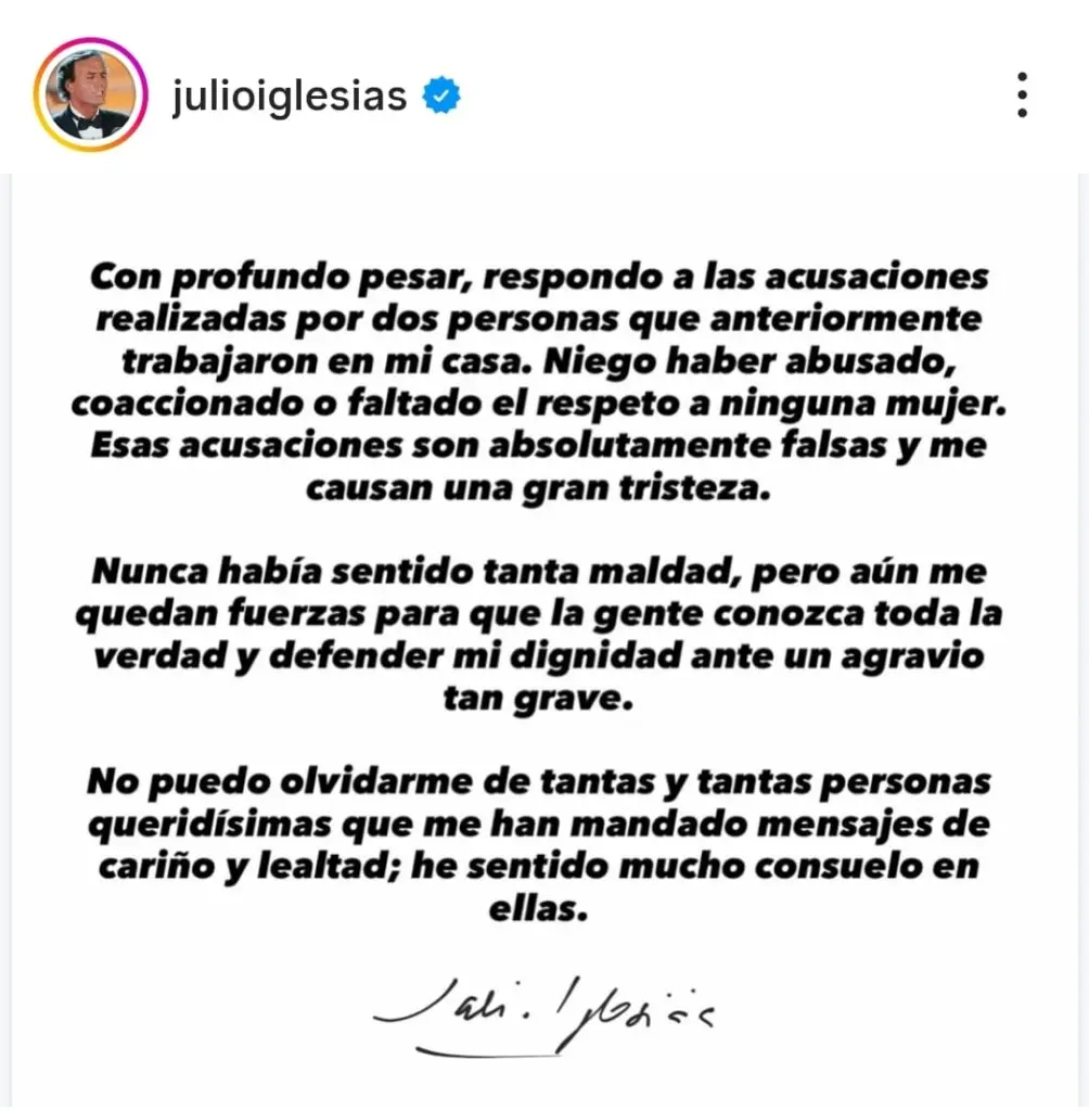 "Nunca había sentido tanta maldad": Julio Iglesias niega acusaciones de abuso sexual