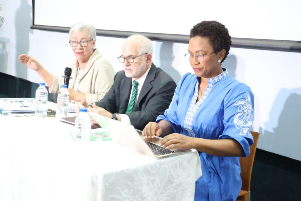 Altagracia Guzmán Marcelino, exdirectora de Senasa habla a la izquierda junto Francisco Álvarez y Edith Febles en la rueda de prensa de Participación Ciudadana. / El Nacional.